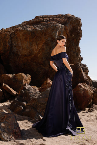 Navy blue off-the-shoulder gown, 252m5317_2, on rocky beach