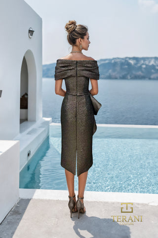 Amber off-shoulder dress by Terani, elegant by the pool