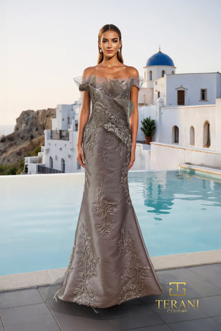 Mink Terani gown in front of Santorini backdrop