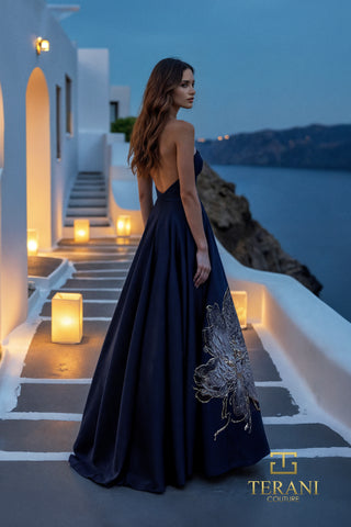 Navy evening gown with detailed embroidery