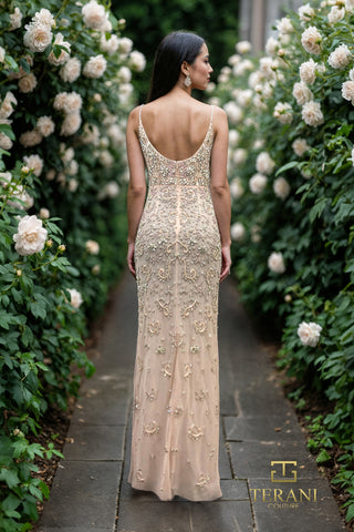 261GL6366 Back view of beaded gown in garden setting