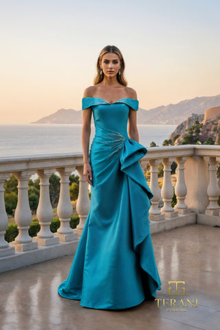 Turquoise off-shoulder gown, 261M6431, with bow detail