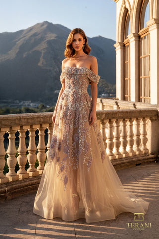 Elegant off-shoulder gown with mountain backdrop.