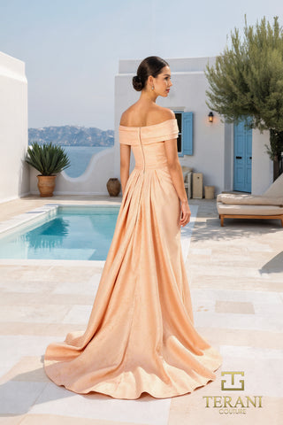 Blush gold off-the-shoulder gown