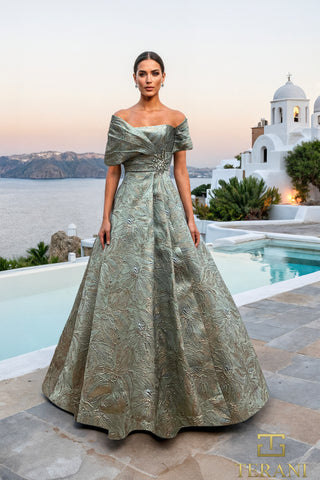 Seafoam green off-shoulder evening gown, 261M6453
