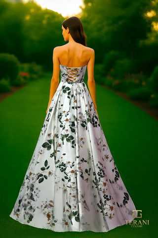 Woman in floral gown, back view