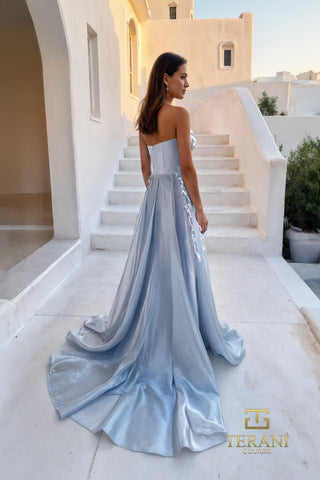 Light blue formal gown on steps