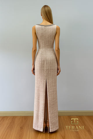 Back of a woman in a long, elegant dress.