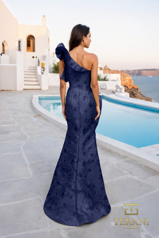 Navy one-shoulder evening gown