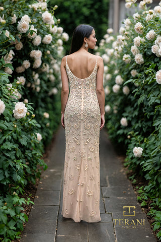 Woman in beaded gown, 261gl6366_2, walking in garden