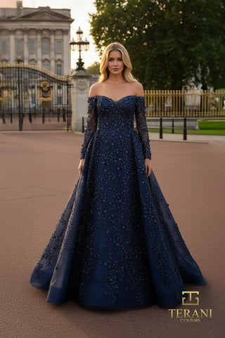 Navya in a navy blue off-shoulder gown, 261gl6659