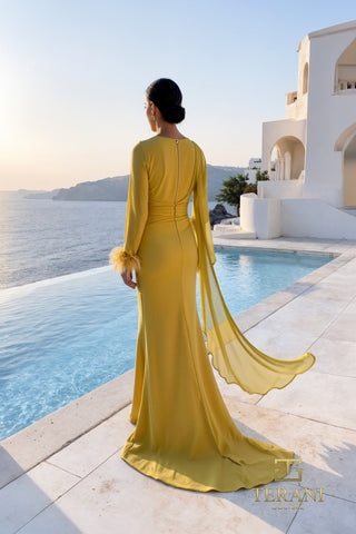 Citrine yellow gown by the pool