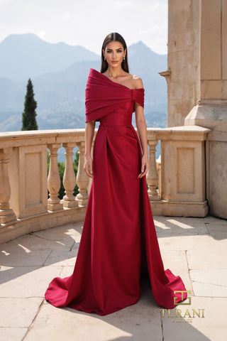 Red wine-colored evening gown with shawl