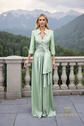 Sage green dress, 261m6418, woman with mountains in background