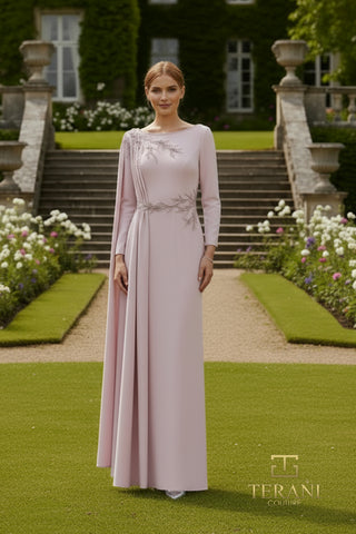 Elegant blush gown 261m6465 in garden setting.