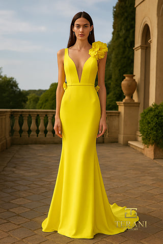 Citrine yellow evening gown with floral shoulder detail