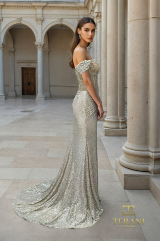 Silver sequin off-the-shoulder gown, 261p6106Silver_2