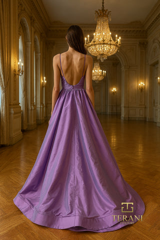 Purple Terani prom dress in ballroom.