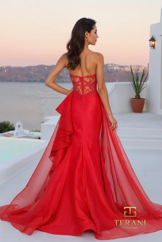 Red strapless gown with train