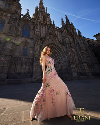 Terani Couture dress in front of Barcelona Cathedral