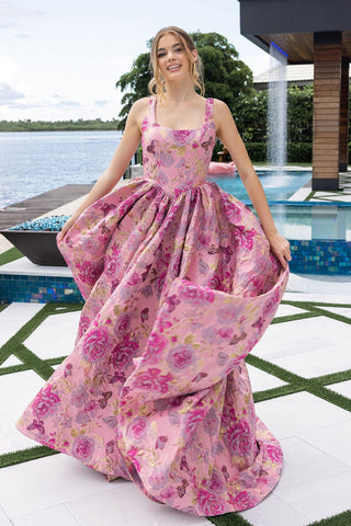 Woman in pink floral gown
