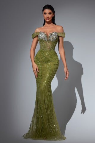 Green beaded off-shoulder gown, 3ad74a4a8u9d6081dcdbaa6be99fe88f3