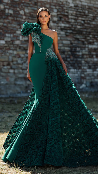 Emerald green one-shoulder gown with floral train