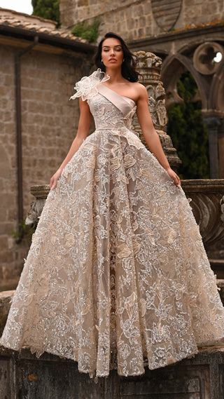 Elegant one-shoulder gown 5978S with intricate floral lace detail