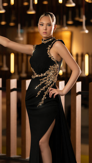 Woman in black formal dress, posing.