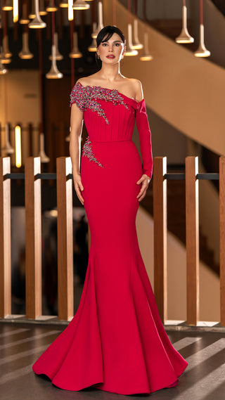 Woman in red formal gown.