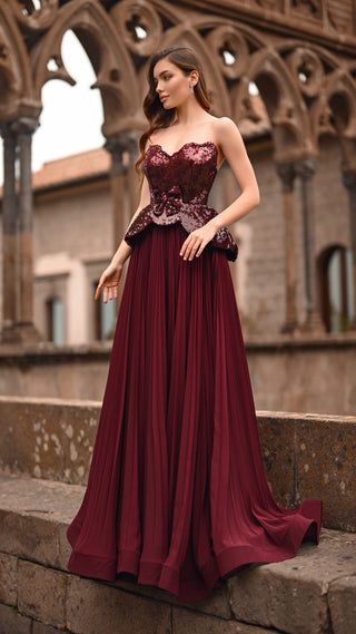 Woman in burgundy formal dress, 6096-s-1