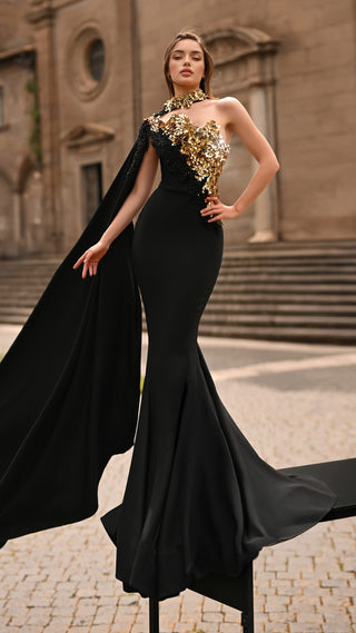 Elegant black gown with gold detail, 6127-1
