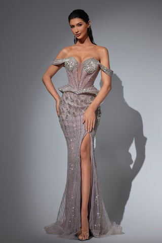 Elegant beaded gown with slit