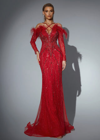 Red evening gown with feather details