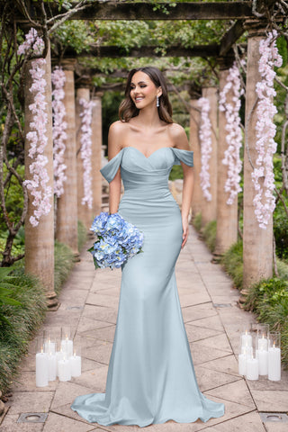 Alexia Light Blue off-shoulder gown with bouquet