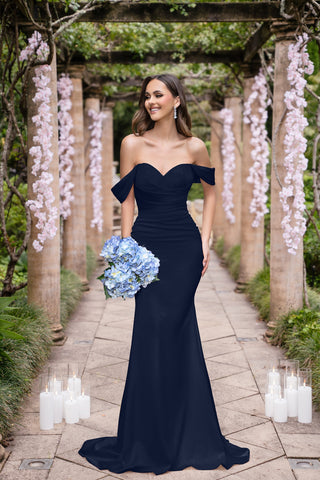 Alexia Navy off-shoulder gown with blue bouquet