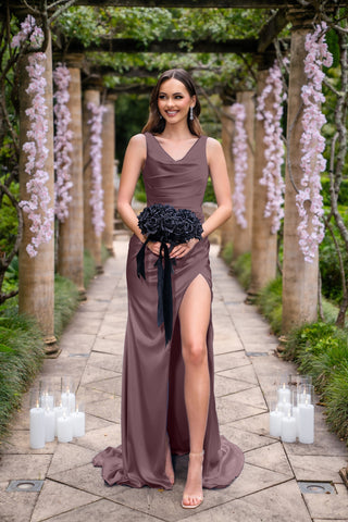 Amelia in Dark Mauve dress holding bouquet
