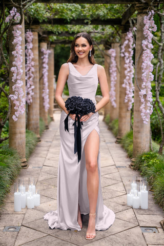 Amelia in Dusty Lavender dress with black bouquet