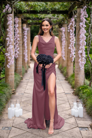 Amelia in Dusty Plum dress with bouquet