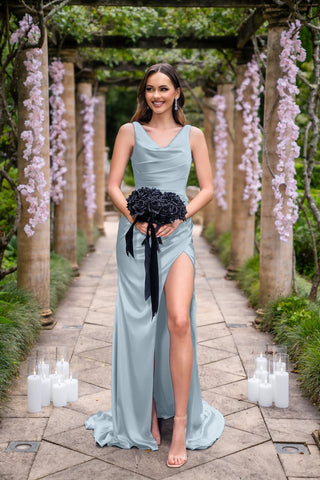 Amelia in light blue dress with black bouquet