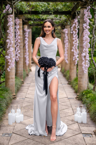 Amelia Silver dress with black bouquet in garden