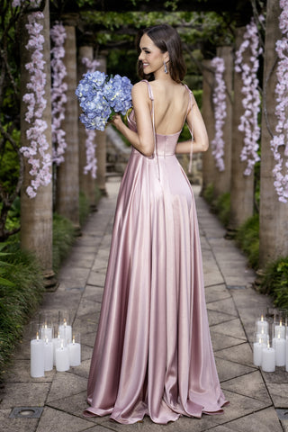 Dusty Pink Satin Gown with Bouquet