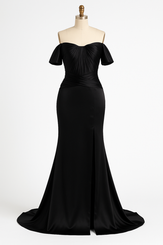 Black off-the-shoulder formal gown with a slit.
