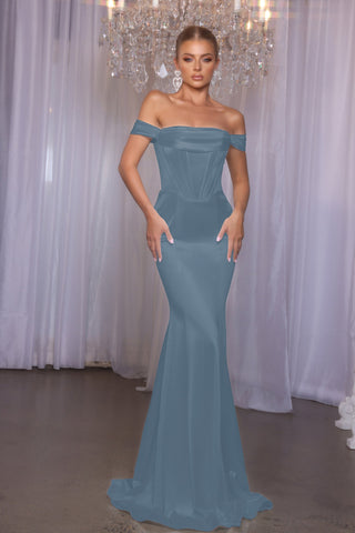 Eleanor Dusty Blue off-shoulder gown