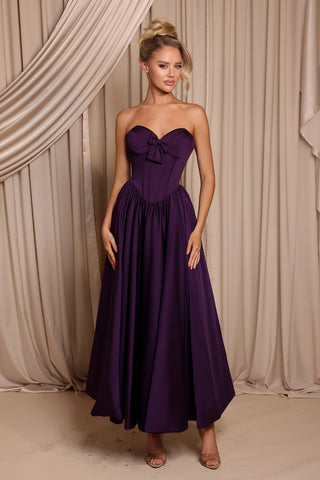 Emma in aubergine bow-front dress