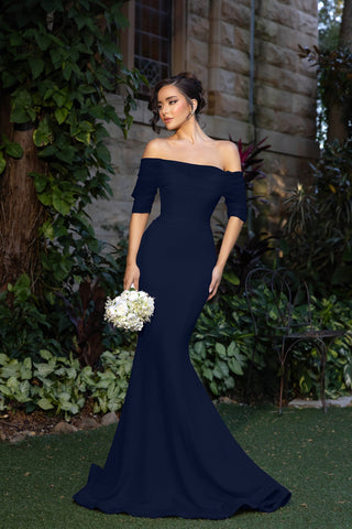 Evelyn navy off-shoulder dress with bouquet