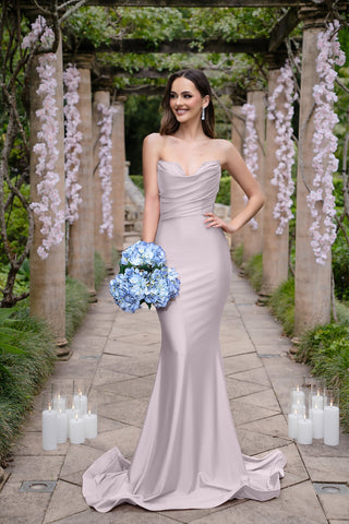 Gabriella in dusty lavender gown with bouquet