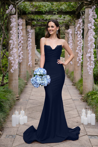 Gabriella Navy Gown in Garden Setting