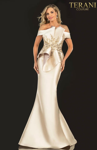 Woman in elegant Terani Couture gown, March 2025