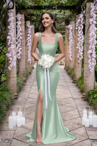 Isadora Sage green dress with bouquet